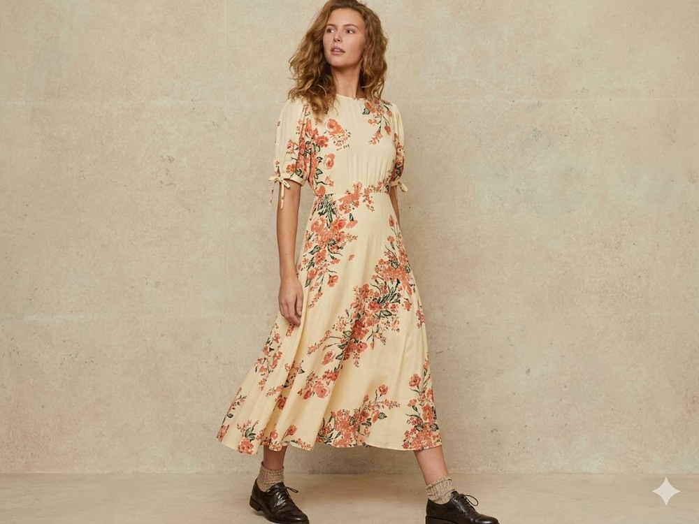 Faithfull the Brand Romantic Cottagecore Floral Puff Sleeve Midi Dress US 4 AU 8